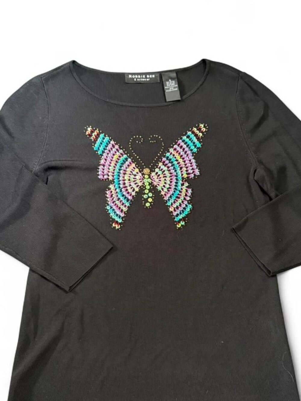 Black Robbie Bee Knitwear butterfly long sleeve top with rhinestones